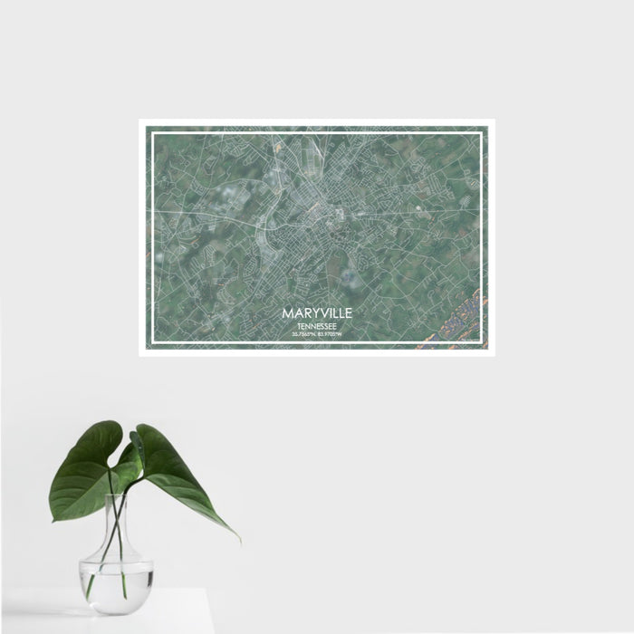 16x24 Maryville Tennessee Map Print Landscape Orientation in Afternoon Style With Tropical Plant Leaves in Water