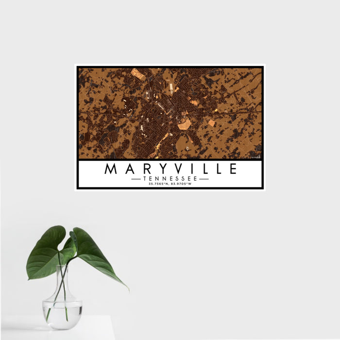 16x24 Maryville Tennessee Map Print Landscape Orientation in Ember Style With Tropical Plant Leaves in Water