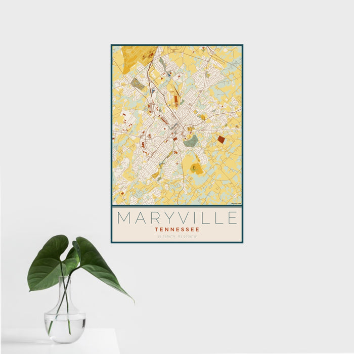 16x24 Maryville Tennessee Map Print Portrait Orientation in Woodblock Style With Tropical Plant Leaves in Water