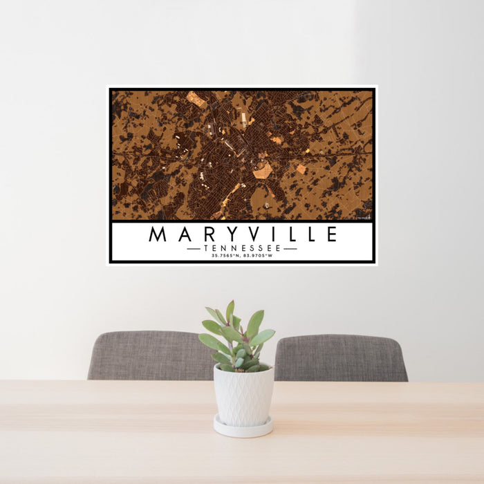 24x36 Maryville Tennessee Map Print Lanscape Orientation in Ember Style Behind 2 Chairs Table and Potted Plant