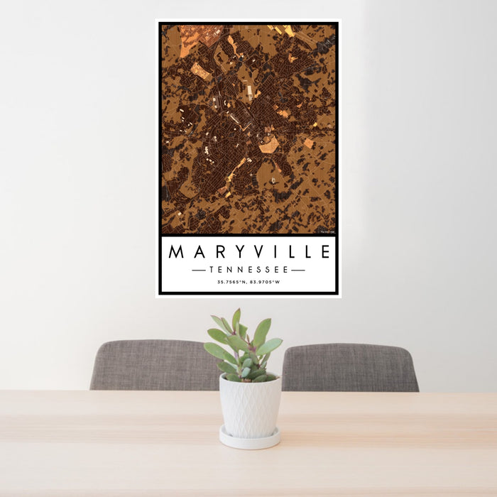 24x36 Maryville Tennessee Map Print Portrait Orientation in Ember Style Behind 2 Chairs Table and Potted Plant