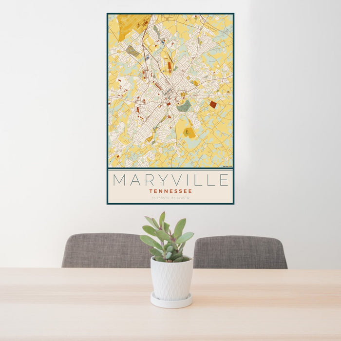 24x36 Maryville Tennessee Map Print Portrait Orientation in Woodblock Style Behind 2 Chairs Table and Potted Plant