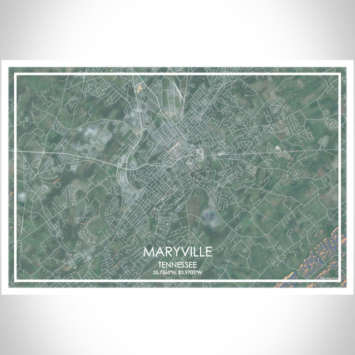 Maryville Tennessee Map Print Landscape Orientation in Afternoon Style With Shaded Background