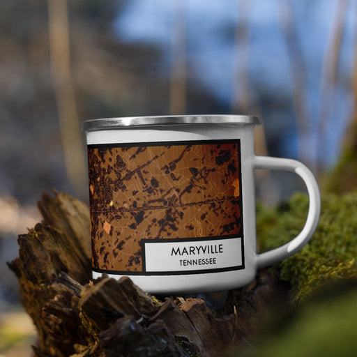 Right View Custom Maryville Tennessee Map Enamel Mug in Ember on Grass With Trees in Background
