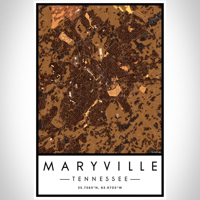 Maryville Tennessee Map Print Portrait Orientation in Ember Style With Shaded Background