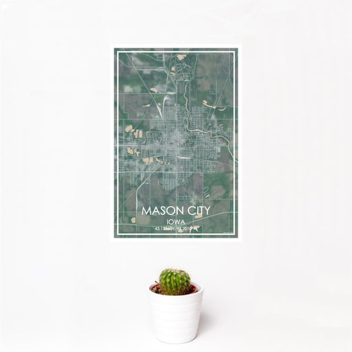 12x18 Mason City Iowa Map Print Portrait Orientation in Afternoon Style With Small Cactus Plant in White Planter