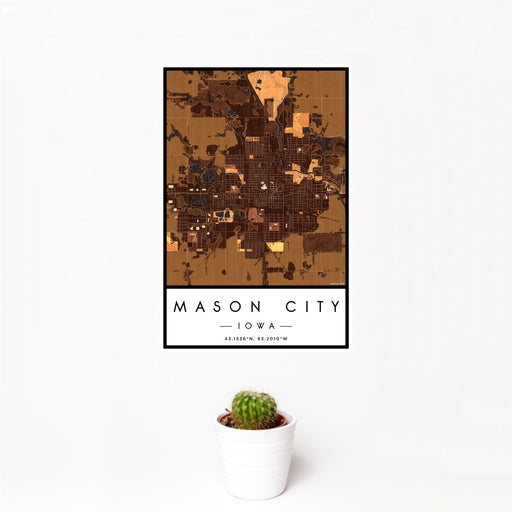 12x18 Mason City Iowa Map Print Portrait Orientation in Ember Style With Small Cactus Plant in White Planter