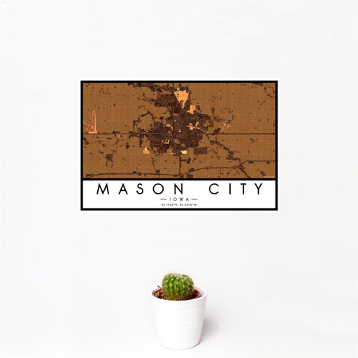 12x18 Mason City Iowa Map Print Landscape Orientation in Ember Style With Small Cactus Plant in White Planter
