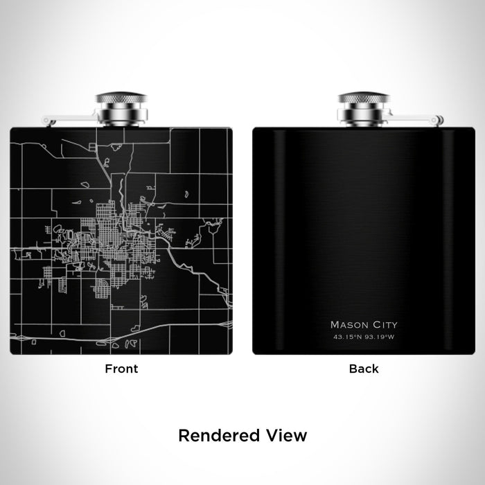 Rendered View of Mason City Iowa Map Engraving on 6oz Stainless Steel Flask in Black