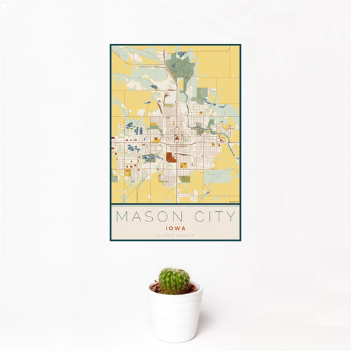 12x18 Mason City Iowa Map Print Portrait Orientation in Woodblock Style With Small Cactus Plant in White Planter