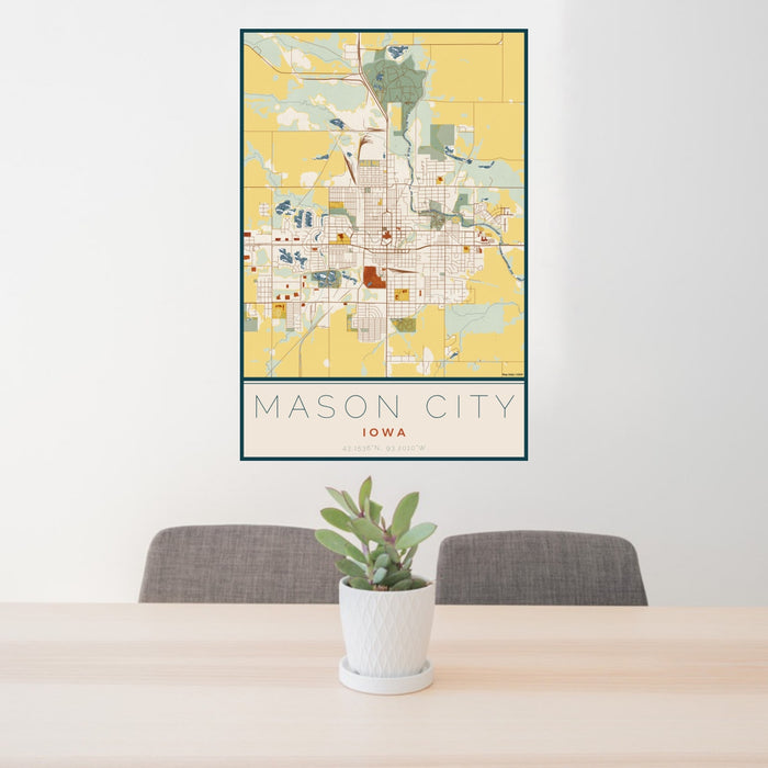 24x36 Mason City Iowa Map Print Portrait Orientation in Woodblock Style Behind 2 Chairs Table and Potted Plant