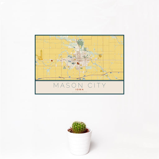 12x18 Mason City Iowa Map Print Landscape Orientation in Woodblock Style With Small Cactus Plant in White Planter