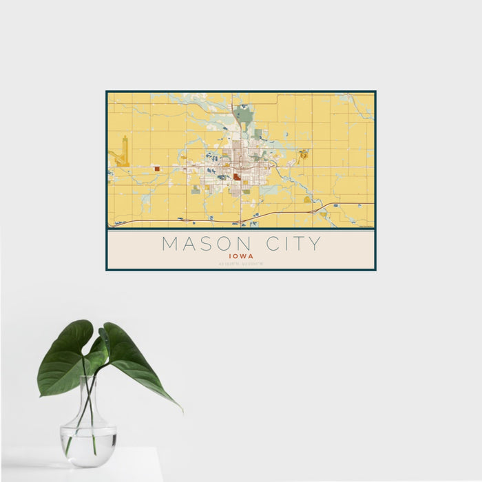16x24 Mason City Iowa Map Print Landscape Orientation in Woodblock Style With Tropical Plant Leaves in Water