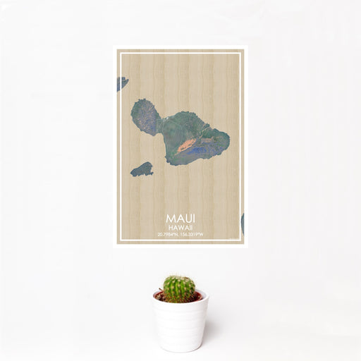 12x18 Maui Hawaii Map Print Portrait Orientation in Afternoon Style With Small Cactus Plant in White Planter