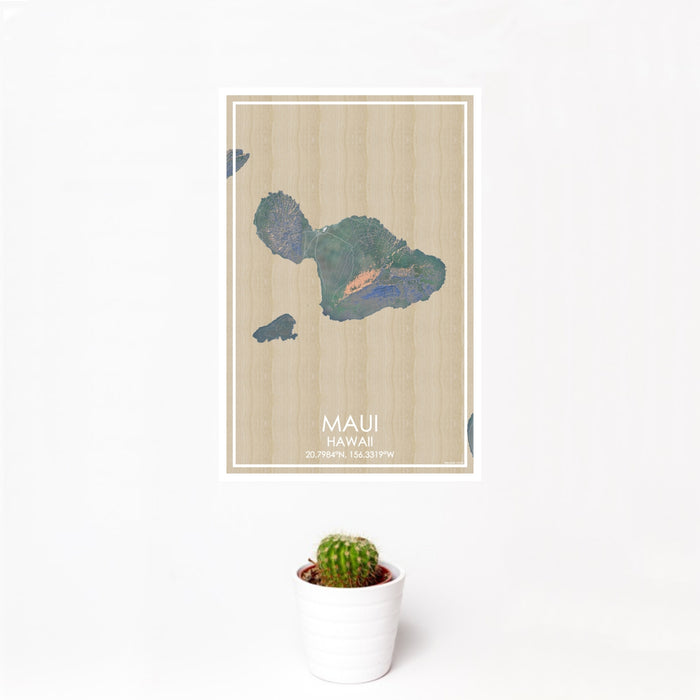 12x18 Maui Hawaii Map Print Portrait Orientation in Afternoon Style With Small Cactus Plant in White Planter