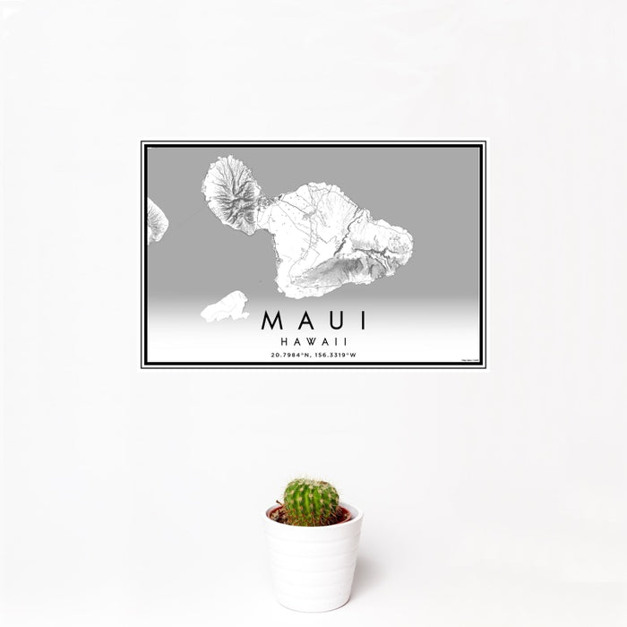 12x18 Maui Hawaii Map Print Landscape Orientation in Classic Style With Small Cactus Plant in White Planter
