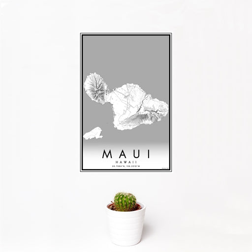 12x18 Maui Hawaii Map Print Portrait Orientation in Classic Style With Small Cactus Plant in White Planter