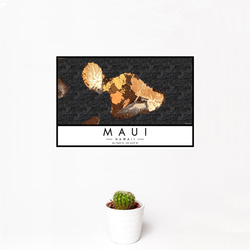 12x18 Maui Hawaii Map Print Landscape Orientation in Ember Style With Small Cactus Plant in White Planter