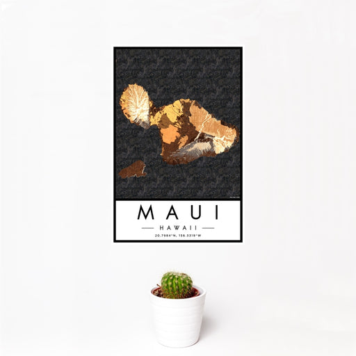 12x18 Maui Hawaii Map Print Portrait Orientation in Ember Style With Small Cactus Plant in White Planter