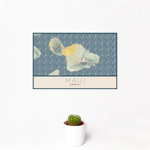 12x18 Maui Hawaii Map Print Landscape Orientation in Woodblock Style With Small Cactus Plant in White Planter