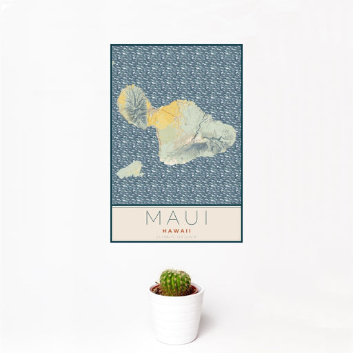 12x18 Maui Hawaii Map Print Portrait Orientation in Woodblock Style With Small Cactus Plant in White Planter