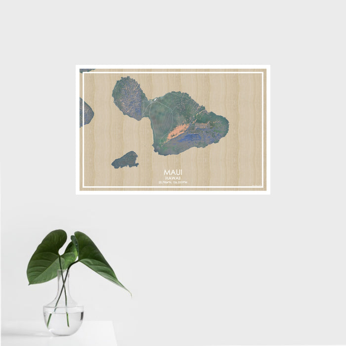 16x24 Maui Hawaii Map Print Landscape Orientation in Afternoon Style With Tropical Plant Leaves in Water
