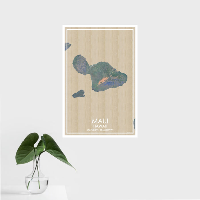 16x24 Maui Hawaii Map Print Portrait Orientation in Afternoon Style With Tropical Plant Leaves in Water