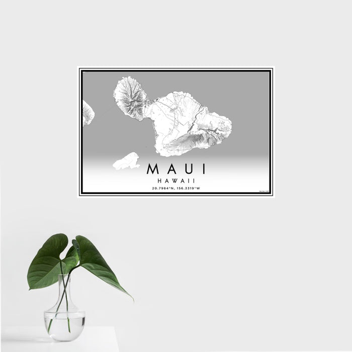 16x24 Maui Hawaii Map Print Landscape Orientation in Classic Style With Tropical Plant Leaves in Water