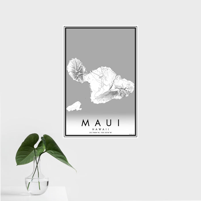 16x24 Maui Hawaii Map Print Portrait Orientation in Classic Style With Tropical Plant Leaves in Water