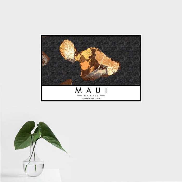 16x24 Maui Hawaii Map Print Landscape Orientation in Ember Style With Tropical Plant Leaves in Water