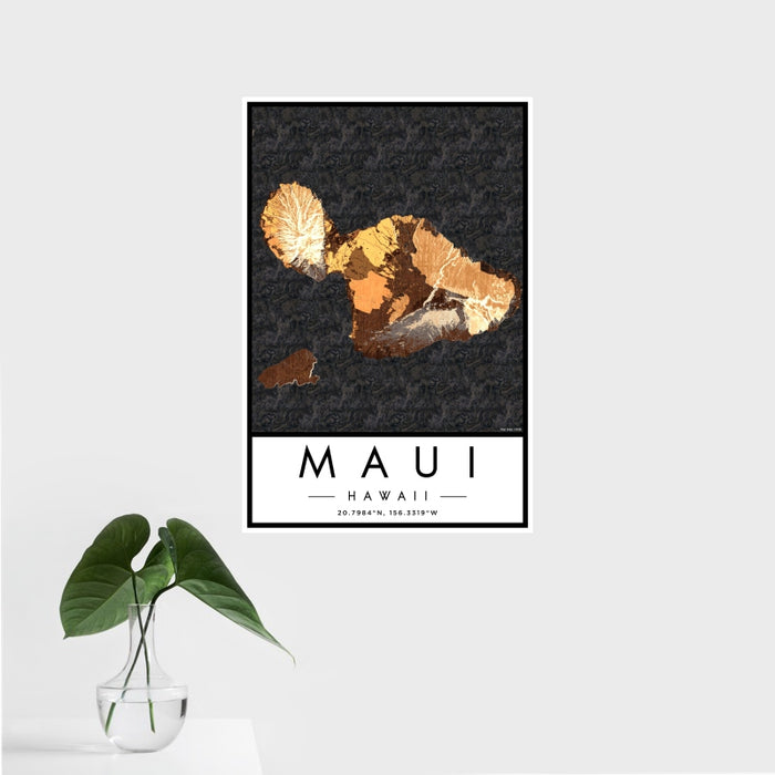 16x24 Maui Hawaii Map Print Portrait Orientation in Ember Style With Tropical Plant Leaves in Water