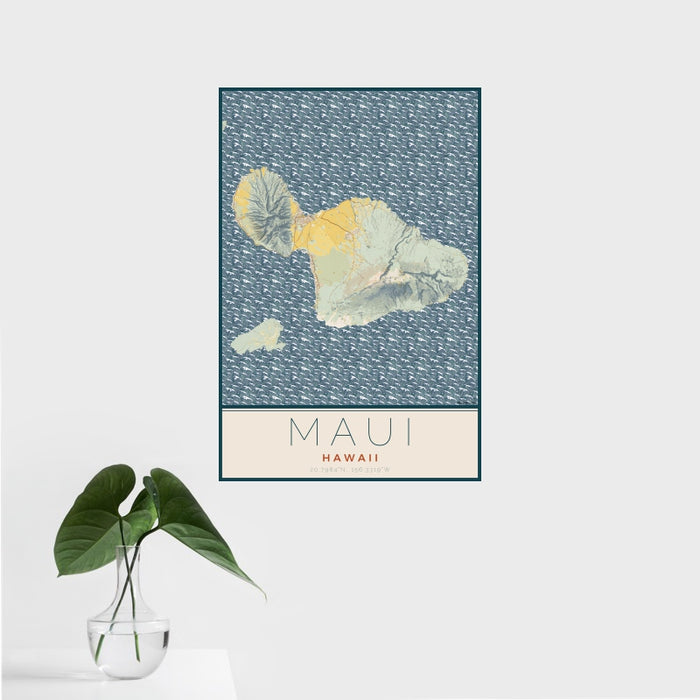 16x24 Maui Hawaii Map Print Portrait Orientation in Woodblock Style With Tropical Plant Leaves in Water