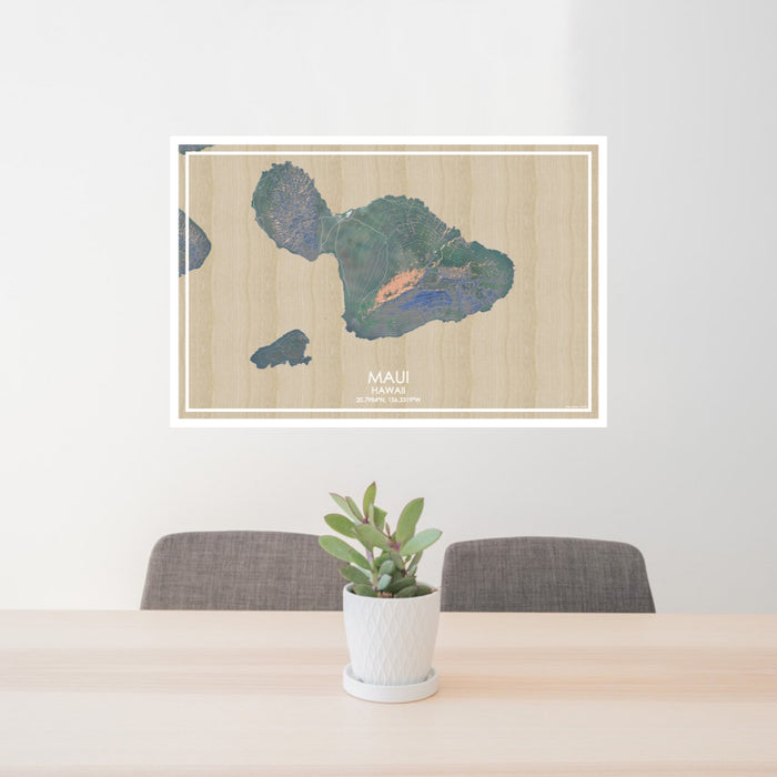 24x36 Maui Hawaii Map Print Lanscape Orientation in Afternoon Style Behind 2 Chairs Table and Potted Plant
