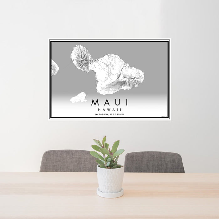 24x36 Maui Hawaii Map Print Lanscape Orientation in Classic Style Behind 2 Chairs Table and Potted Plant