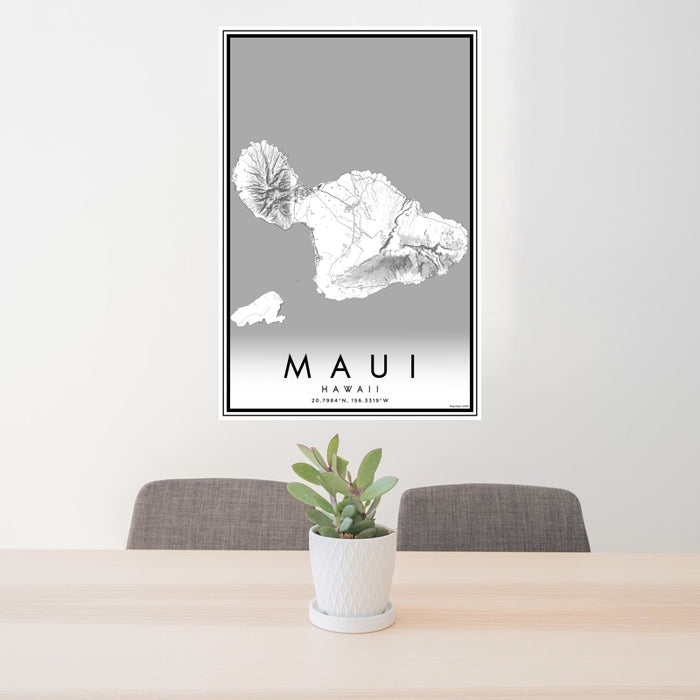 24x36 Maui Hawaii Map Print Portrait Orientation in Classic Style Behind 2 Chairs Table and Potted Plant