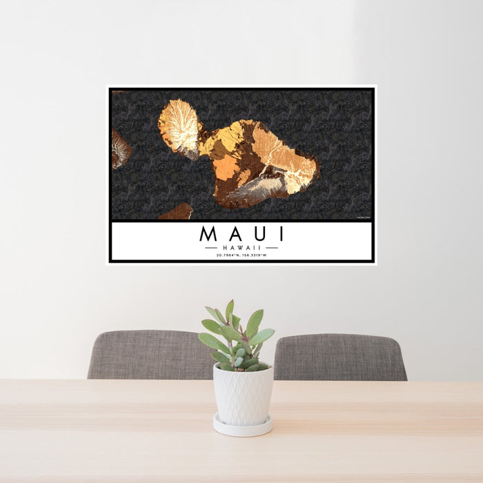 24x36 Maui Hawaii Map Print Lanscape Orientation in Ember Style Behind 2 Chairs Table and Potted Plant