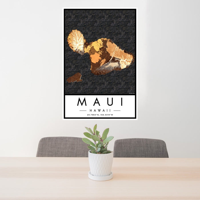 24x36 Maui Hawaii Map Print Portrait Orientation in Ember Style Behind 2 Chairs Table and Potted Plant