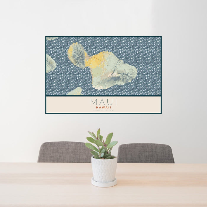 24x36 Maui Hawaii Map Print Lanscape Orientation in Woodblock Style Behind 2 Chairs Table and Potted Plant
