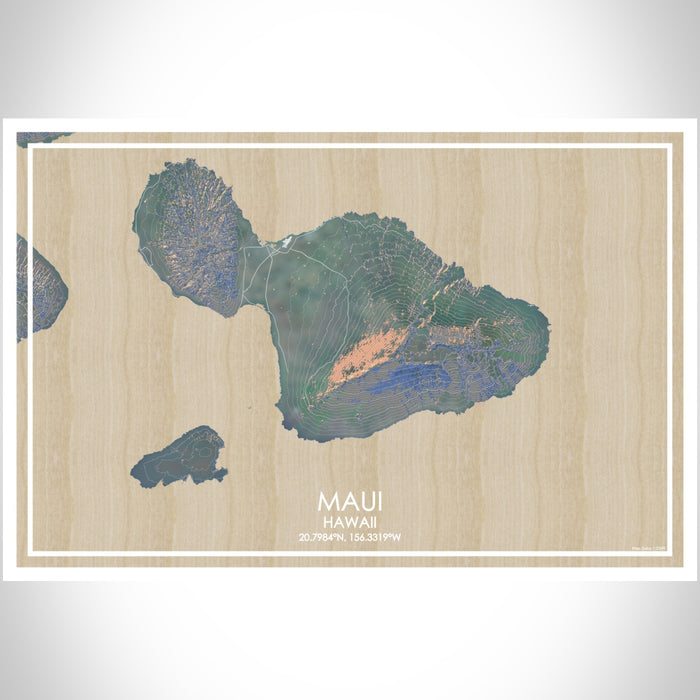 Maui Hawaii Map Print Landscape Orientation in Afternoon Style With Shaded Background