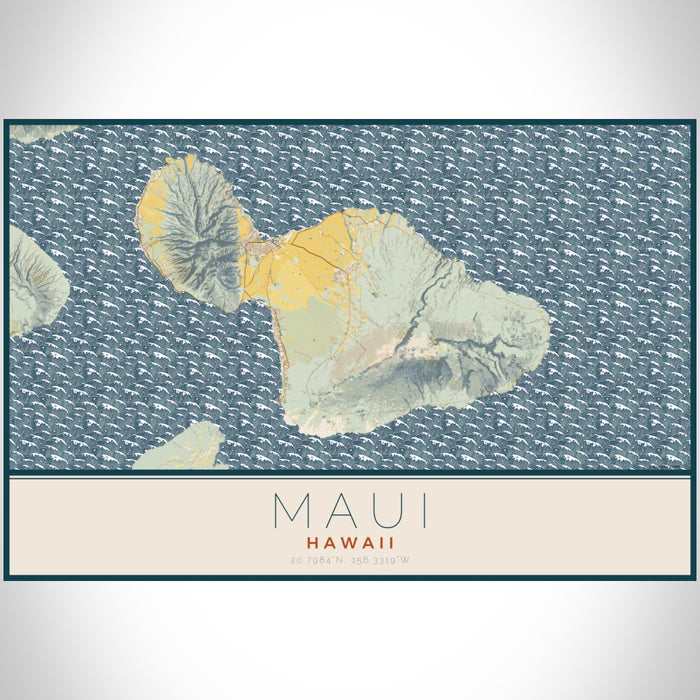 Maui Hawaii Map Print Landscape Orientation in Woodblock Style With Shaded Background