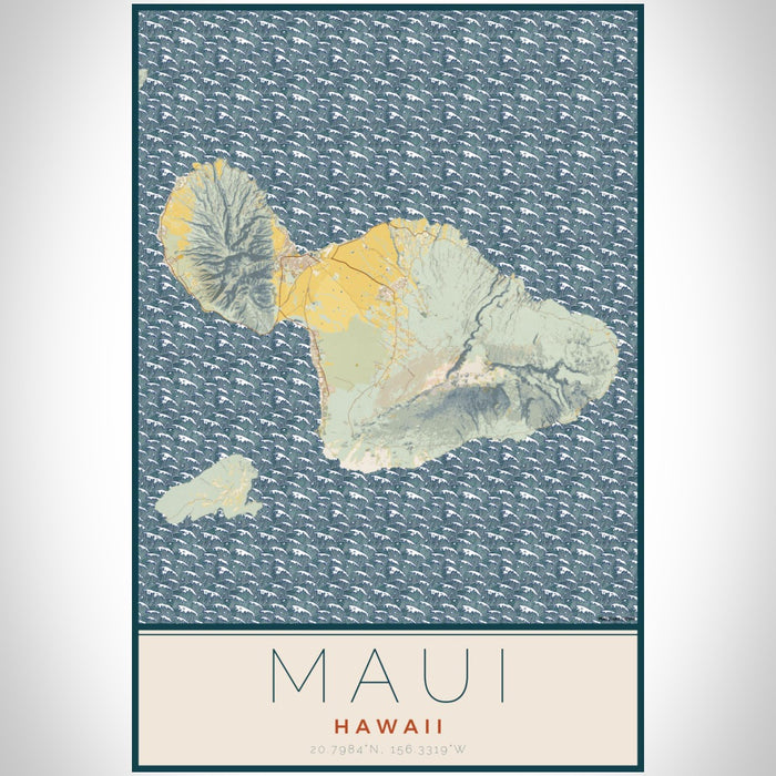 Maui Hawaii Map Print Portrait Orientation in Woodblock Style With Shaded Background