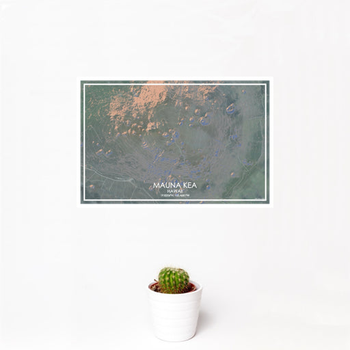 12x18 Mauna Kea Hawaii Map Print Landscape Orientation in Afternoon Style With Small Cactus Plant in White Planter