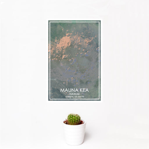 12x18 Mauna Kea Hawaii Map Print Portrait Orientation in Afternoon Style With Small Cactus Plant in White Planter