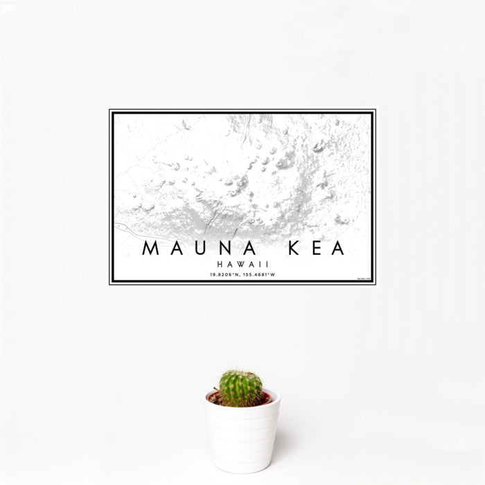 12x18 Mauna Kea Hawaii Map Print Landscape Orientation in Classic Style With Small Cactus Plant in White Planter