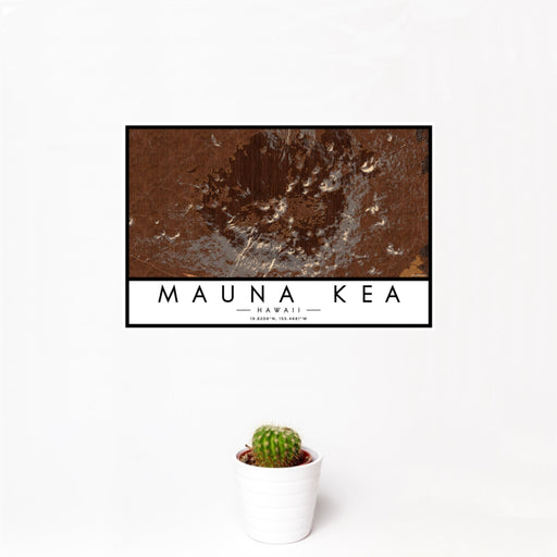 12x18 Mauna Kea Hawaii Map Print Landscape Orientation in Ember Style With Small Cactus Plant in White Planter