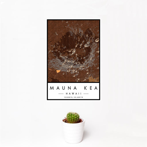 12x18 Mauna Kea Hawaii Map Print Portrait Orientation in Ember Style With Small Cactus Plant in White Planter