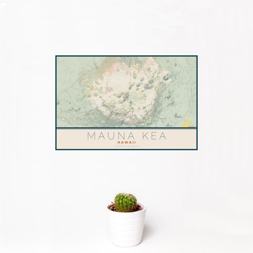 12x18 Mauna Kea Hawaii Map Print Landscape Orientation in Woodblock Style With Small Cactus Plant in White Planter