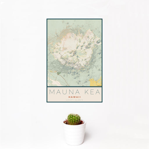 12x18 Mauna Kea Hawaii Map Print Portrait Orientation in Woodblock Style With Small Cactus Plant in White Planter