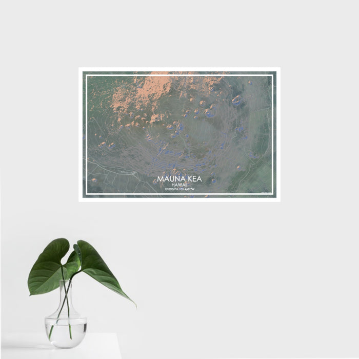 16x24 Mauna Kea Hawaii Map Print Landscape Orientation in Afternoon Style With Tropical Plant Leaves in Water