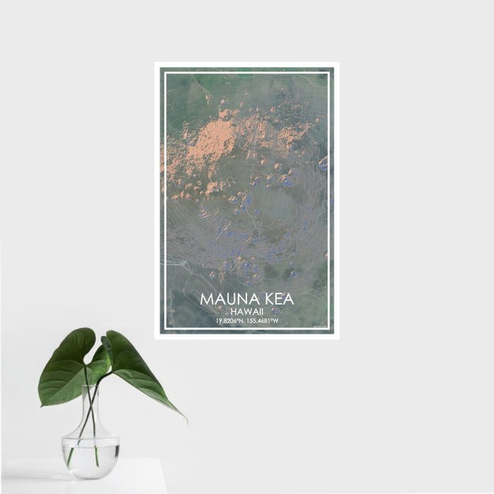 16x24 Mauna Kea Hawaii Map Print Portrait Orientation in Afternoon Style With Tropical Plant Leaves in Water